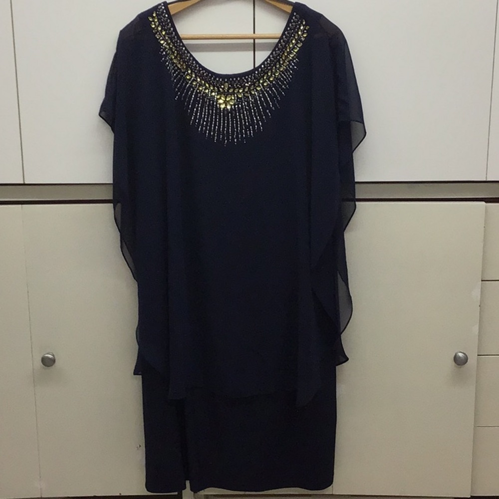 Betsy & Adam Navy Midi Dress with Gold Accents